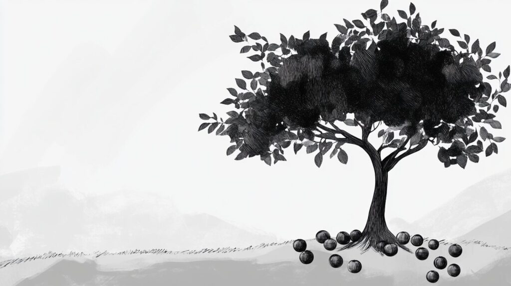 Black and white drawing of a fruit tree