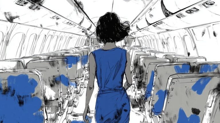 Flight attendant walking down the center aisle of an airplane.